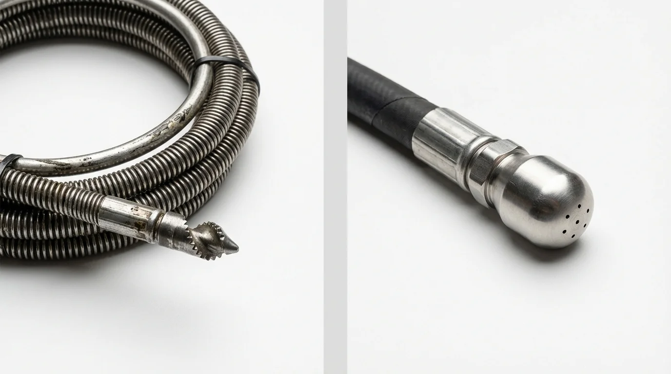 Drain snake cable and hydro jetting nozzle used for drain cleaning in Rockville, IN