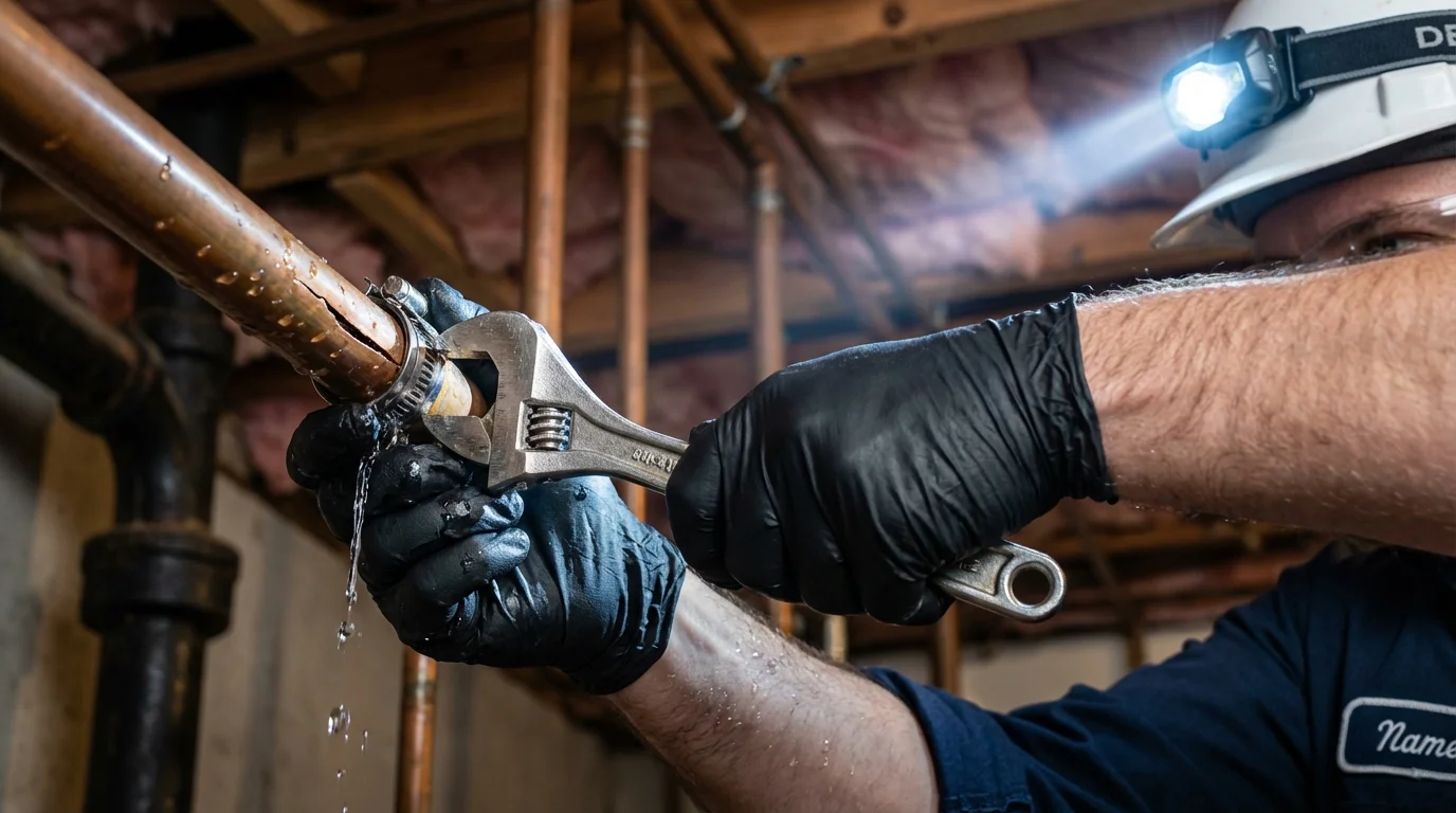 Emergency pipe clamp repair being performed by a Johns Plumbing LLC plumber in Rockville