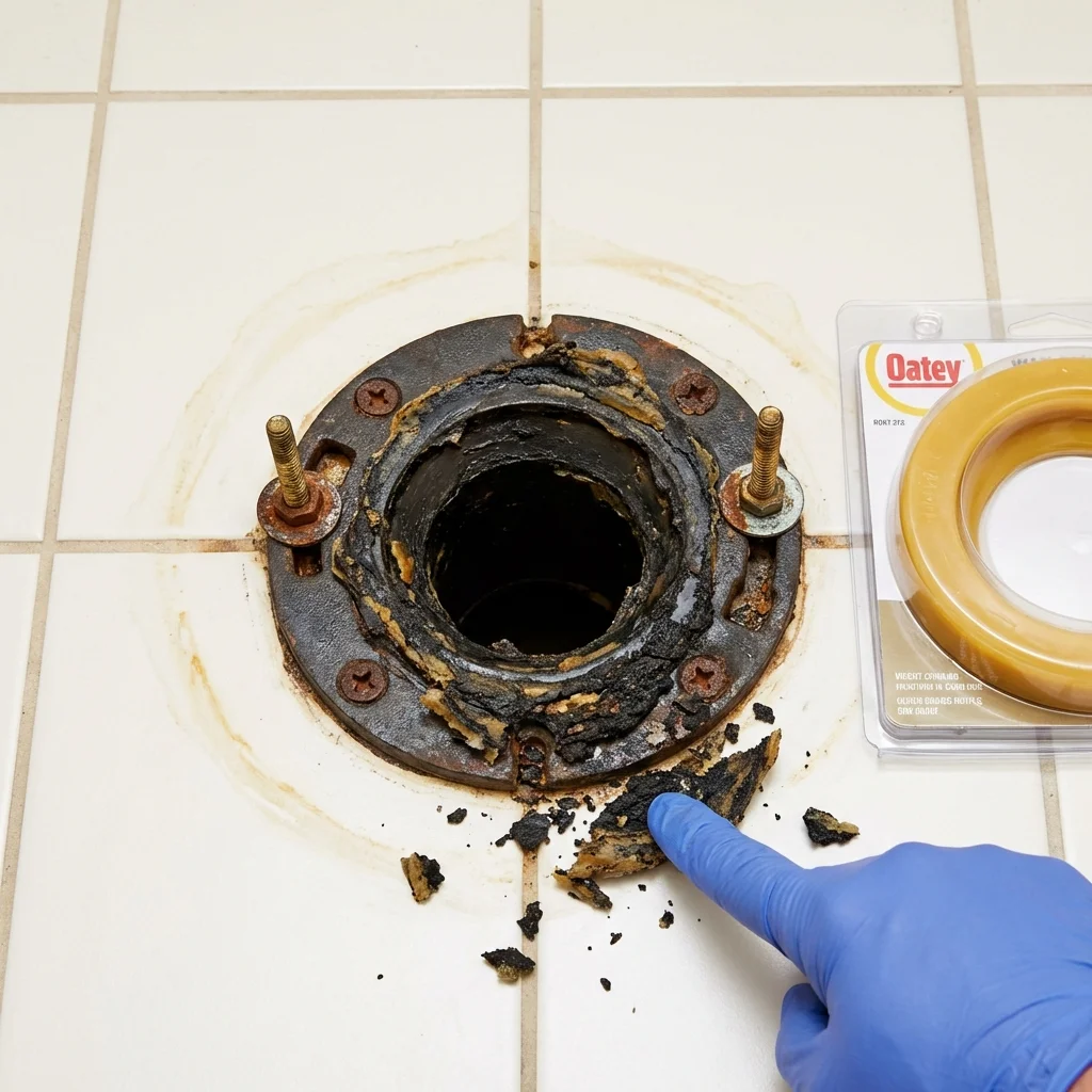 Failed wax ring showing water seepage at the base of a toilet in a Rockville, IN home