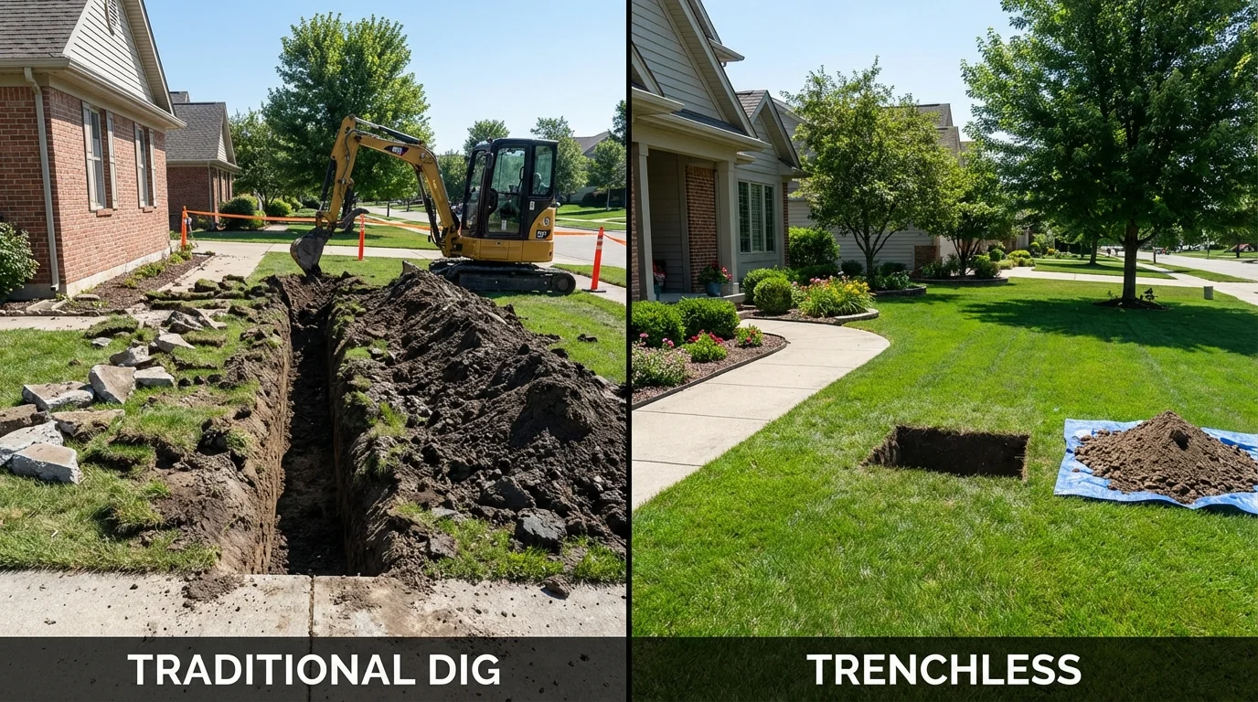 Trenchless sewer repair with minimal yard damage versus traditional excavation in Rockville, IN