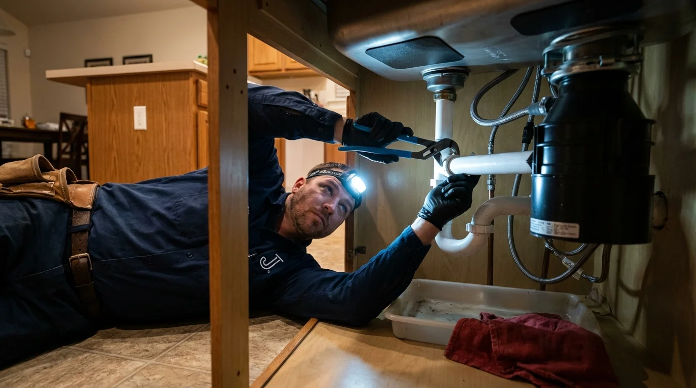 P-trap and supply line connections under a kitchen sink showing a common leak point in Rockville, IN